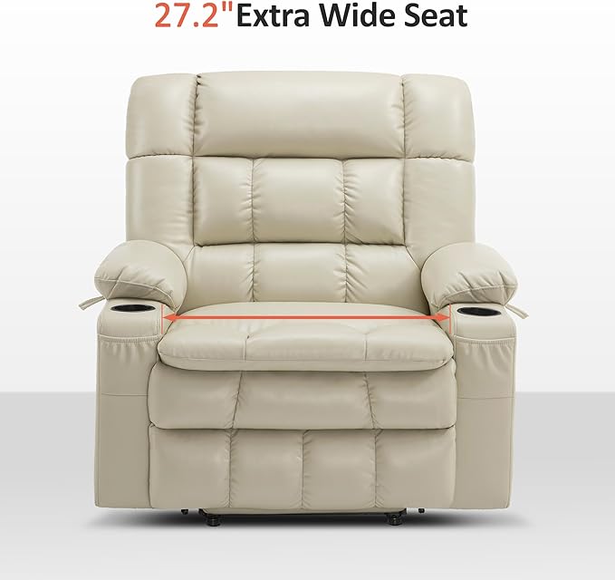 MCombo Dual Motor Power Lift Recliner Chair for Elderly, Lay Flat Lift Chair with Heat and Massage, Petite Wide Lift Chair, Cup Holders, USB A&C Ports, Faux Leather R7894 (Cream White, Small-Wide)