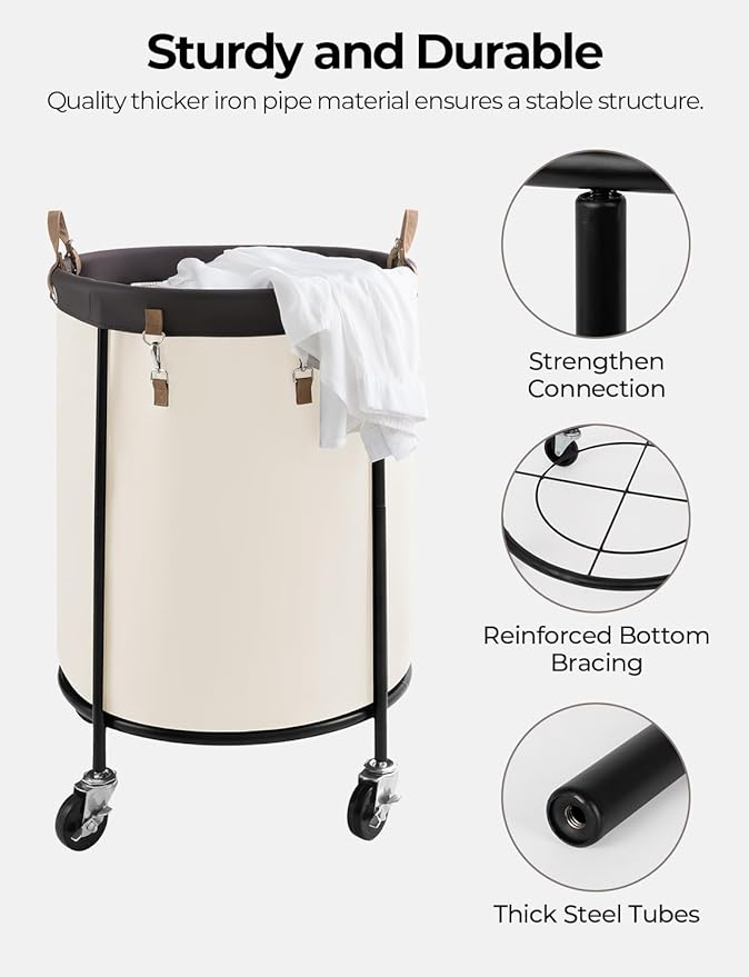 StorageWorks 170L Rolling Laundry Basket, Clothes Hamper with Wheels, Round Clothing Cart with Steel Frame and Removable Bag, 4 Casters and 2 Brakes, Beige, 1-Pack