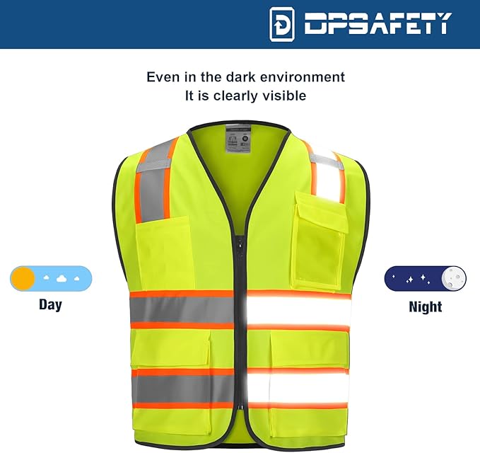 9 Pockets High visibility Class 2 Safety Vest，Hi Vis Vest with 2 inch wide Reflective Strips security vest with Zipper construction work vest for men &women Lime，XL