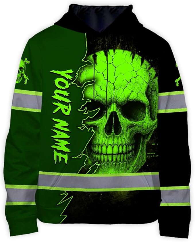 Matedecor Skull US Flag Reflective High Visibility Hoodie For Men Construction Hi Vis Safety Workwear Custom Name