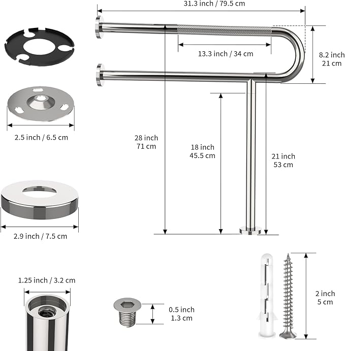 Toilet Support Rail 31.3X 31.5 Inch, Munzong Anti-Slip Chrome Handicap Grab Bar for Bathroom, Stainless Steel Knurled Safety handrails with Leg for Elderly Disabled Pregnant-1.25’Tube