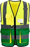 A-SAFETY Reflective Safety Vest, Hi Vis 9 Pockets High Visibility Zipper Front Safety Vest, Yellow&Green Color Mixed, L