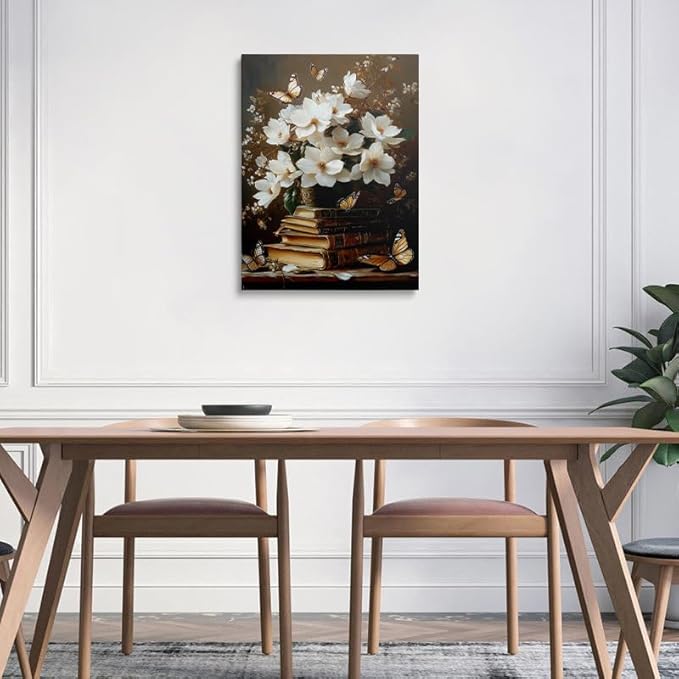 Framed Floral Book Butterfly Vintage Picture Wall Decor Gift Retro Bible Print Poster Rustic Painting Flower Canvas Wall Art for Living Room Bedroom Artwork (12"x16")