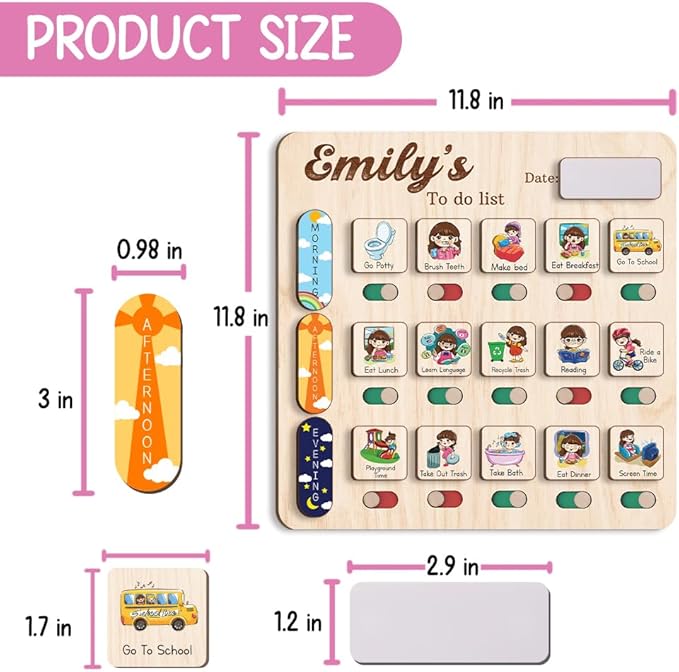 Personalized Wooden Daily Routine Chart 11.8x11.8", Visual Schedule, Chore Chart for Kids, Morning Bedtime Routine Chart for Toddlers (09)