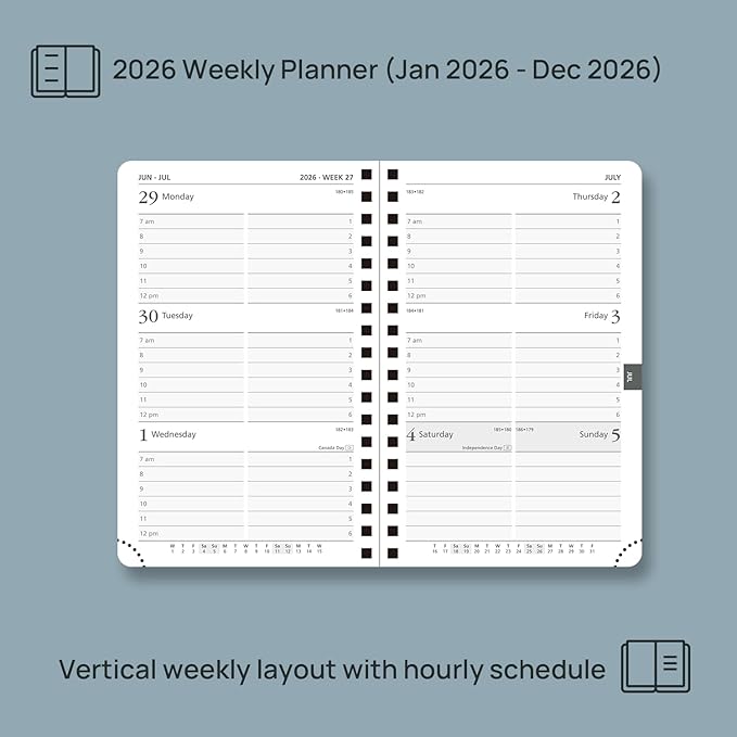 POPRUN Pocket 2026 Planner (Small Size- 4'' x 6.25'') Weekly and Monthly for Purse - Calendar 2026 (Jan. 2026 - Dec.2026) with Soft Cover, Plastic Ruler - Grey