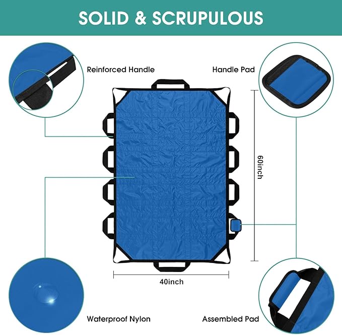 Bed Positioning Pad with Reinforced Handle, 60" X 40" Multipurpose Waterproof Transfer Sheet for Turning, Lifting & Sliding, Reusable Washable Patient Positioning Sheet for Caregiver, Light Blue