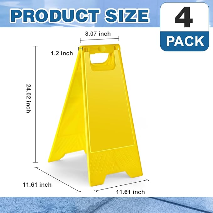 4 Pack 24 Inch Blank Floor Sign Yellow A-frame Foldable Caution Sign Write-On Double Sided Safety Warning for Pool Restaurant Restroom Office
