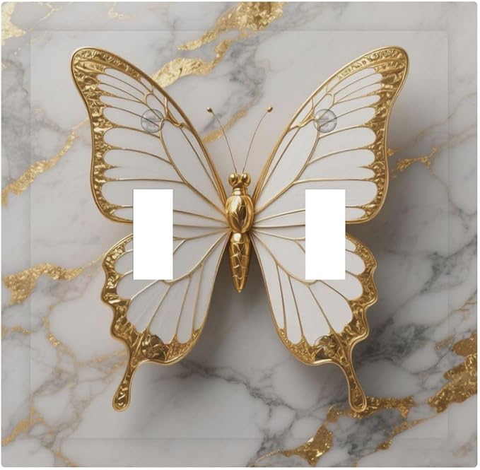 Gold Marble Shine Butterfly Abstract Modern Print Decorative Switch Plates 2 Gang Double Toggle Outlet Light Switch Cover Wall Plate Electrical Faceplate for Bed Room Bathroom Decor