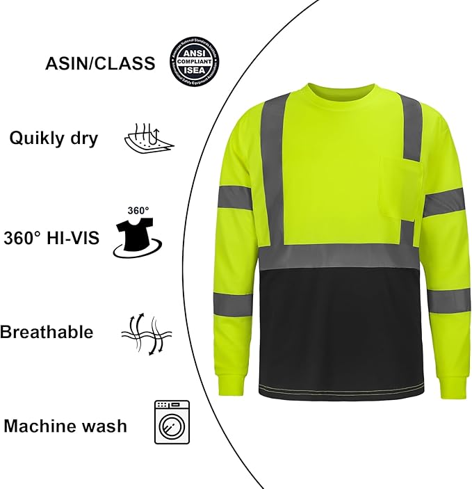 High Visibility Class 3 T Shirts，Hi Vis Safety Shirts with Reflective Strips and Pocket, Long Sleeve Quick Dry Mesh Construction Work Shirt for Men/Women Black Bottom Lime，6XL