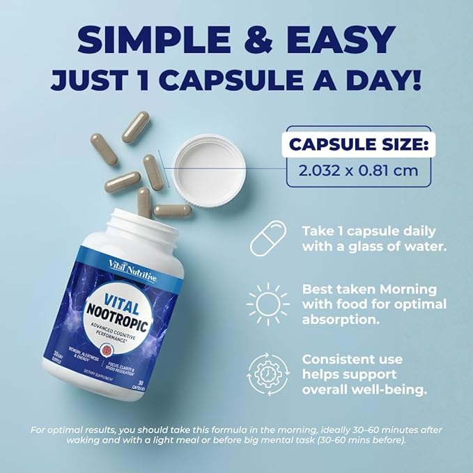 Vital Nootropic 12-in-1 Brain Supplement for Memory, Focus & Energy Support – L-Tyrosine, Bacopa, Rhodiola, Caffeine, B Vitamins – Cognitive Balance Capsules for Men & Women-30 Days Supply