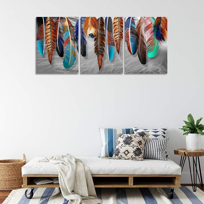 Yetaryy 3 Panels Canvas Wall Art Modern Wall Decor Landscape Color Feather Cool Painting Picture Print Poster Artwork Wall Decoration Home Decor for Living Room Dining Room Bedroom - 60" Wx28 H