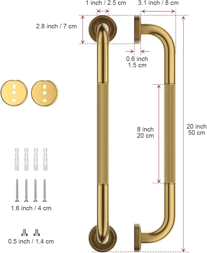 20 Inch Bronze Shower Grab Bar Gold, Munzong Antique Brass Bathroom Grab Bar w/Anti-Slip Knurled Grip, Bathroom Balance Bar, Safety Bath Handrail Support, Handicap Injury Elderly Senior Assist Handle