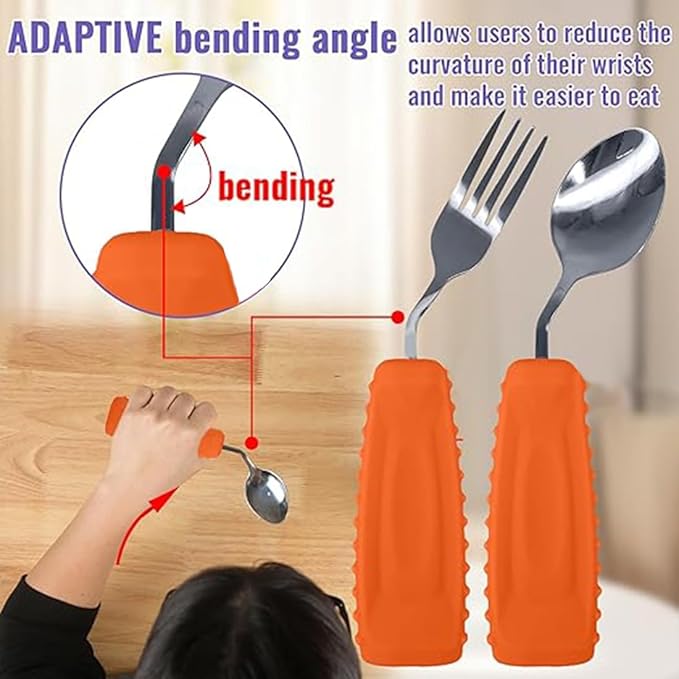 Adaptive Utensils,Weighted Angled Silverware,Parkinsons Aids,Angled Silverware Spoon and Fork Set for Elderly, Arthritis, Dementia, Disable, Handicapped Hands (Left Hand,Pack of 2,Orange)