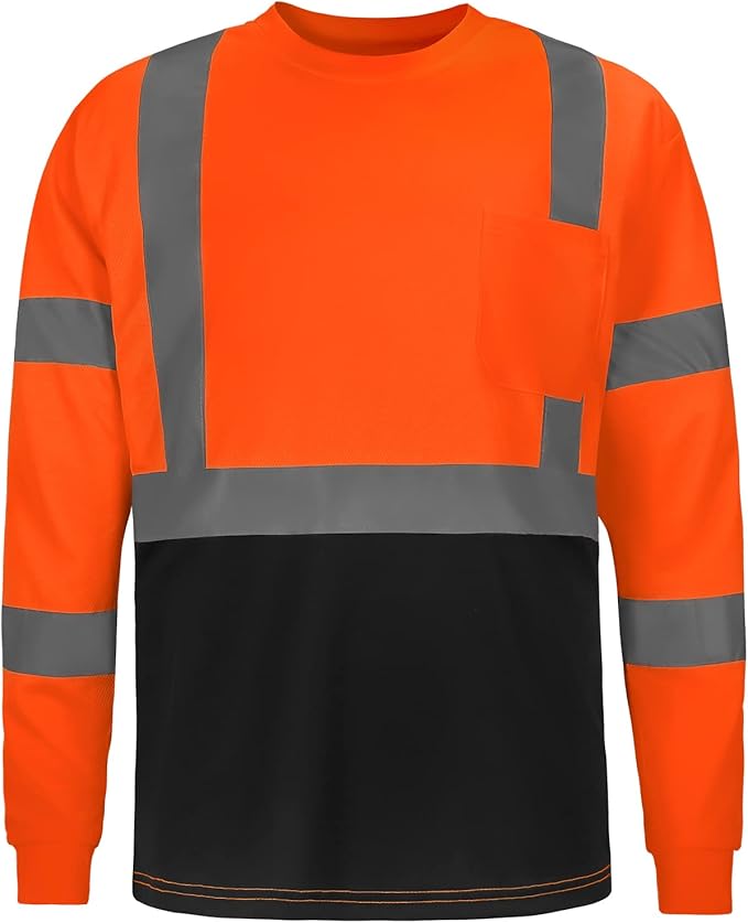 High Visibility Class 3 T Shirts，Hi Vis Safety Shirts with Reflective Strips and Pocket, Long Sleeve Quick Dry Mesh Construction Work Shirt for Men/Women Black Bottom Orange,Small