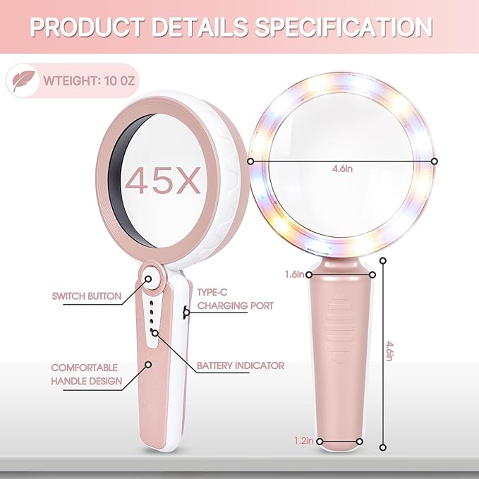 45X Magnifying Glass with Light, 1200mAh Rechargeable, 6 Light Modes, 4.6In Large Handheld Magnifier for Women, Low Vision Seniors with Macular Degeneration, Reading, Jewelry, Coins - Pink