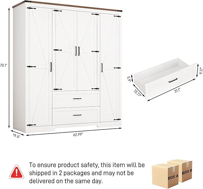 4 Doors Wardrobe Armoire Closet with Doors and Drawers, Farmhouse Wooden Armoire Storage Cabinet with Shelves & Hanging Rod for Bedroom, White