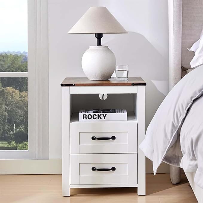 White Night Stand Set of 2, Rustic End Table with Charging Station, Farmhouse Tall Nightstand for Bedroom, Drawer Dresser Bedside Table with Open Storage Shelf