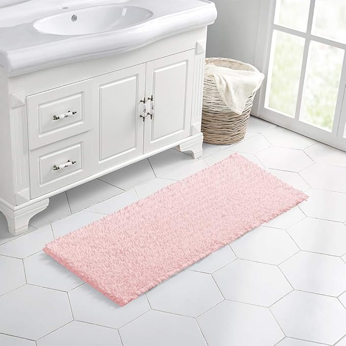 Walensee Large Bathroom Rug Non Slip Bath Mat (24x60 Inch Blush) Water Absorbent Super Soft Shaggy Chenille Machine Washable Dry Extra Thick Perfect Absorbant Best Plush Carpet for Shower Floor