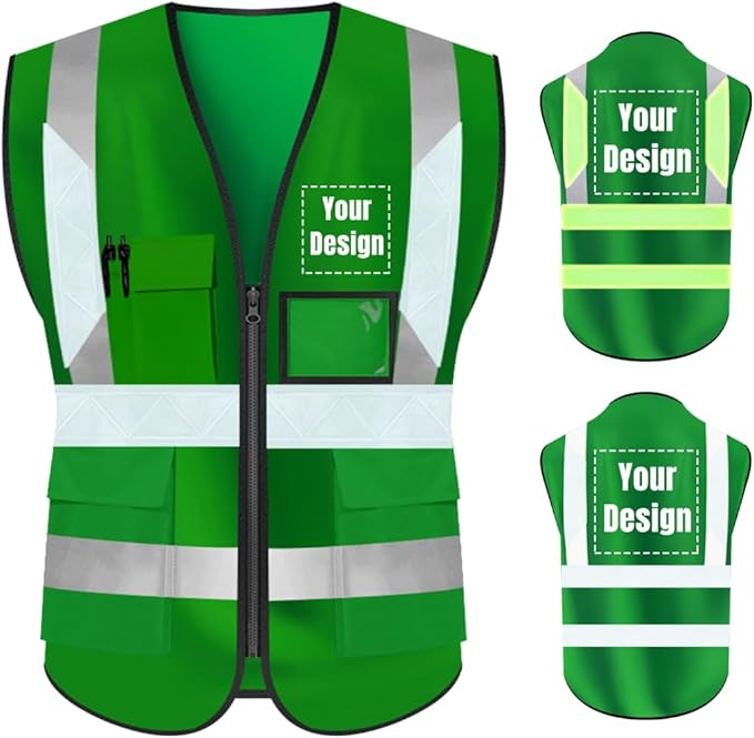 YOWESHOP High Visibility Safety Vest Custom Your Logo Protective Workwear 5 Pockets With Reflective Strips Outdoor Work Vest (4XL, Green Luminous)
