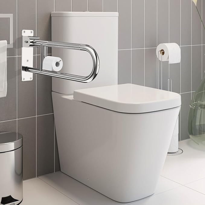 Toilet Grab Bar 22.4 Inch, YuanDe Flip Up Grab Bar with Paper Holder, Polished Chrome Anti-Slip Safety Bars for Toilet, Stainless Steel Knurled Toilet Handles for Seniors Disabled Elderly Pregnant