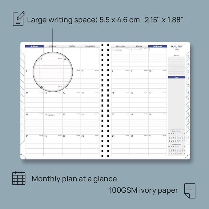 POPRUN 2026 Weekly Planner (A4-8.25'' x 11.75''), Quarter-Hourly Appointment Book (Jan. 2026 to Dec. 2026) with Monthly Tabs, Spiral Softcover, 2 Inner Pockets, Pen Holder - Black