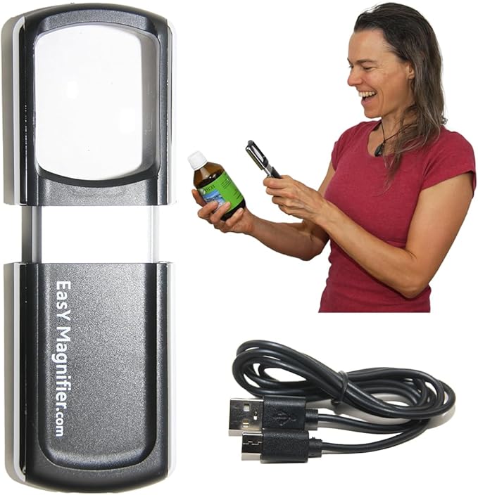 EasY Magnifier Small Rechargeable Magnifying Glass with LED Light 3.0X, Lighted Handheld Magnify Glasses for Reading Fine Prints & for Close Work; Gift for Elderly & Seniors with Low Vision