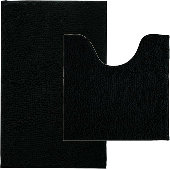 BOANKODU Bathroom Rug Sets, Absorbent Chenille Bath Rugs Non-Slip, 32x20 Inch + 20x20 Inch U Shape, Machine Washable (Black)
