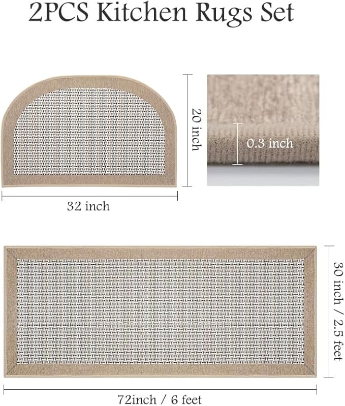 PADOOR Non Slip Kitchen Rugs Sets of 2 - Extra Large 2.5'x6' + 20"x32" (Rectangular + Semicircular) Runner Rugs Non Skid Washable, Absorbent Kitchen Floor Mat for in Front of Sink 2 Piece Brown