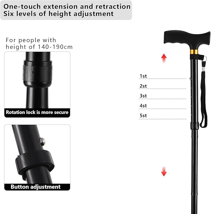 Walking Cane LIXIANG Cane for Man/Woman | Mobility & Daily Living Aids | 5-Level Height Adjustable Walking Stick | Comfortable Plastic T-Handle Portable Walking Stick Folding Cane