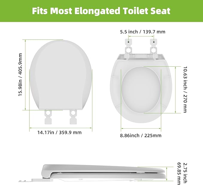 Round Toilet Seat Soft Close, 16.5" Standard Round Toilet Lid Replacement Compatible with TOTO/Kohler/Gerber/American Standard, Four Bumpers Never Loosen, 2-pack Toilet Bolts and Nuts, Cotton White