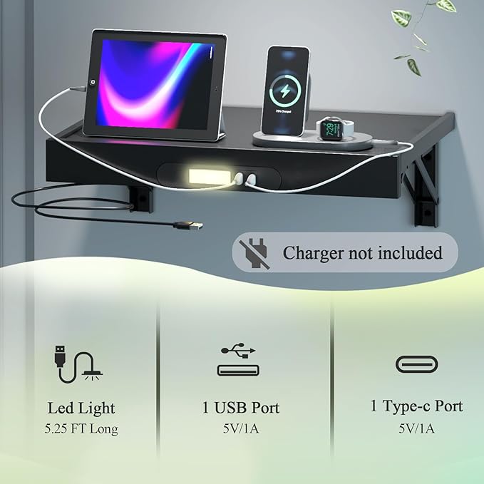 TEAMIX Floating Nightstand with Charging Station, Wall Mounted Folding Bedside Shelf Combo Nightstand with Led Light USB Type C Ports, Space Saving Bed Side Tray Storage for Bedroom, Living Room, Dorm