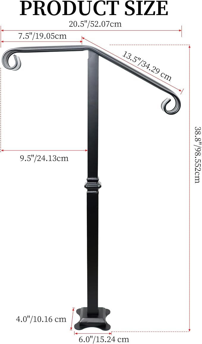 Handrail Railing, Single Post Handrail, Stair Railing for Concrete,Sturdy Handrails with Base, Mountable Iron Stair Handrail for 1 or 2 Steps, Grab Rail for Steps Porch, Railings for Outdoor Step