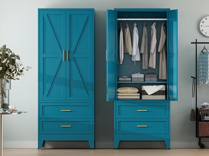 COFaR 71 Farmhouse Metal Wardrobe Closet with Hanging Rod, 2 Barn Doors, Adjustable Shelves, Steel Armoire with Drawer for Home, Bedroom Green