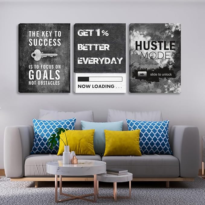 Large Black Inspirational Wall Art Motivational Wall Art 3 Pieces Canvas Wall Art Office Decor Hustle Quotes Poster Painting Print Artwork Framed for Bedroom Living Room Gym(72''Wx 36''H)