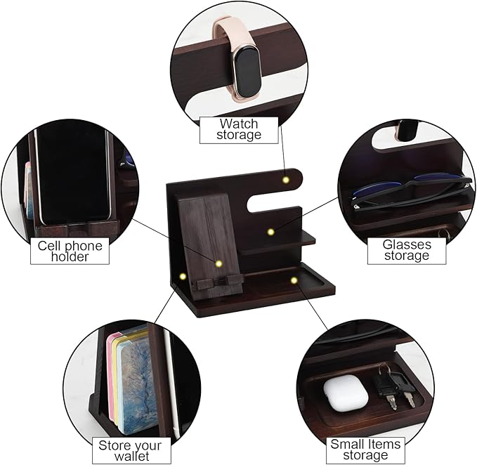 Wood Phone Docking Station,Bedside Table Organizer,Nightstand Organizer,Charging Station Organizer,Birthday Gifts for Men (Brown)