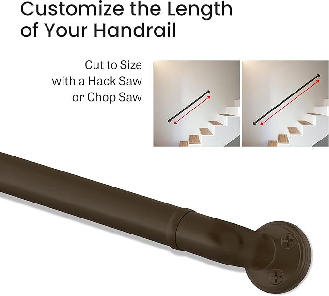 Meranti Aluminum Handrail for Stairs - ADA Compliant Wall Returns - Handrails for Indoor Stairs - Metal Handrail, Powder Coated for Outdoor Environment, DIY Handrail Kit (WHR, Bronze Textured, 8' L)