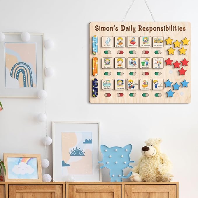Wooden Chore Chart for Kids Visual Schedule, Routine Chart for Kids, Morning Bedtime Routine Chart for Toddlers Ages 2-4, Daily Kids Schedule Board for Home (18)