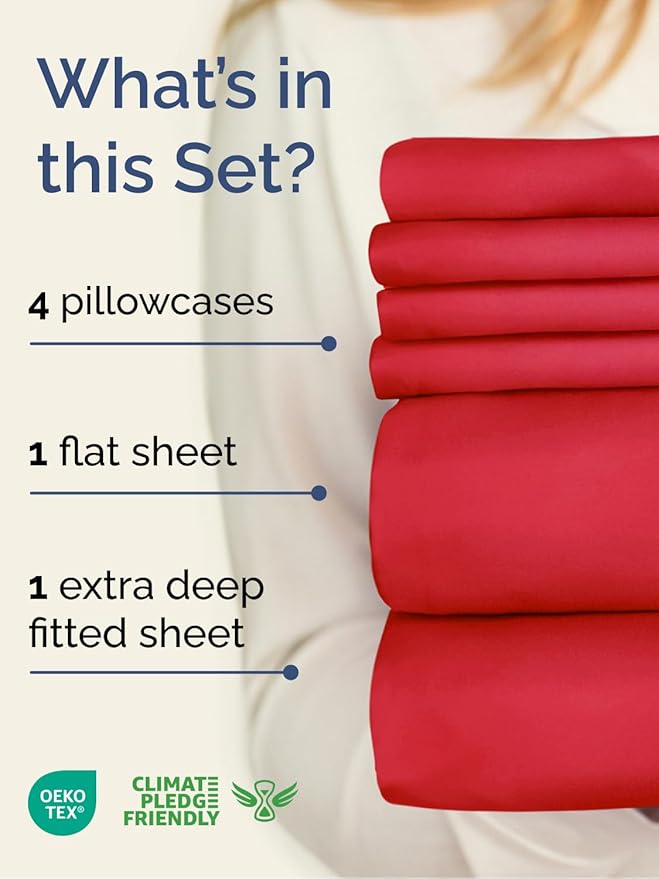 Extra Deep Cal King Sheet Set - 6 Piece Breathable & Cooling Sheets - Hotel Luxury Bed Sheets Set - Easy & Secure Fit - Soft, Wrinkle Free & Comfy Sheets Set - Red Sheet Set with Extra Deep Pockets