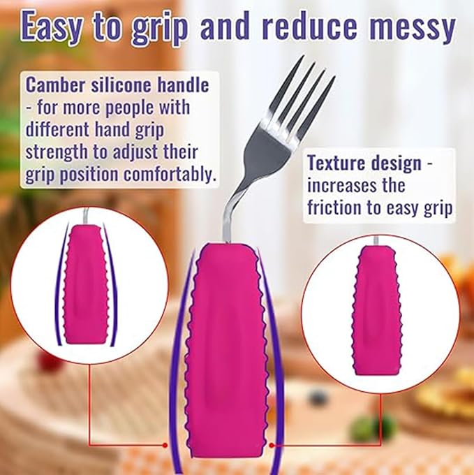 Adaptive Utensils,Weighted Angled Silverware,Parkinsons Aids,Curved Non-Slip Easy Grip Spoon and Fork Set for Tremors,Disabled,Handicap,Elderly,Arthritis (Left Hand,Pack of 2,Rose Pink)