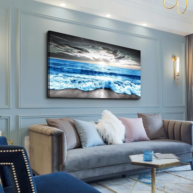MHARTK66 Large Wall Decor For Office Framed Wall Art For Living Room Modern Bedroom Wall Decor Blue Beach Sun Ocean Landscape Canvas Prints Wall Paintings Seascape Pictures Artwork Home Decor 60x30