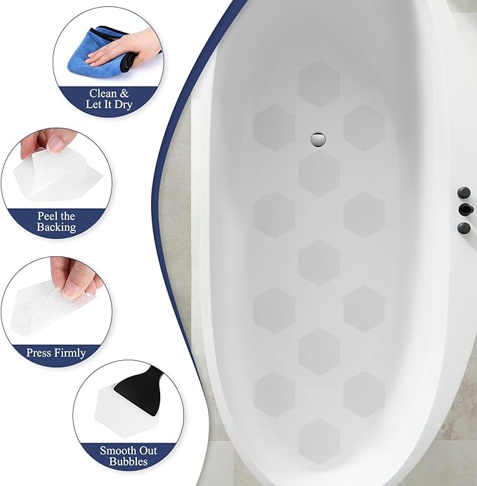 28 PCS Shower Floor Non Slip Stickers with Strong Adhesive, Invisible & Durable Anti Slip Shower Stickers with Scraper for Bath Tub, Pools and Stairs(Clear,Hexagon)