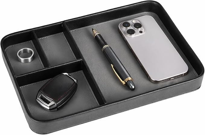 4-Compartment PU Leather Tray, Divided Catchall Organizer for Desk and Entryway, Stylish PU Leather Valet Tray, Multifunctional Storage Organizer for Phone Key Watch Wallet Jewelry