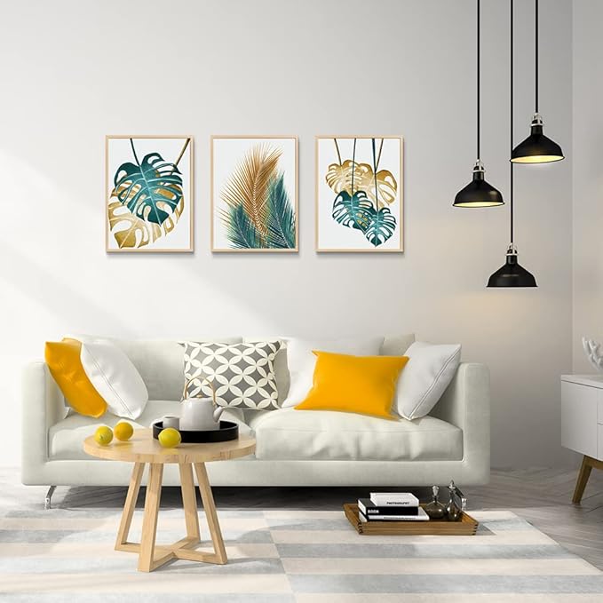 Natural Wood Framed Wall Art For Living Room Wall Decorations For Bedroom Kitchen Wall Decor Dining Room Abstract Painting Leaves Wall Pictures Artwork Bathroom Home Decor 3 Piece Framed Art Prints