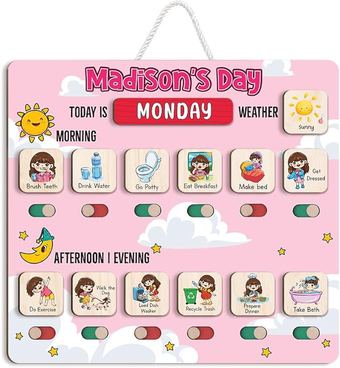 Personalized Wooden Chore Chart for Kids, Daily Routine Chart for Toddlers, Visual Schedule for Kids Age 3-5, Morning Bedtime Routine for Girls (03)