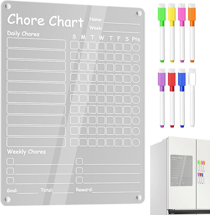 Chore Chart, Clear Dry Erase Board, Magnetic Erasable Planner, 11.97x8.98 Inches, Reusable Organizer for Kids Children Teens Adults Family Home Daily Tasks and Weekly Routine Use