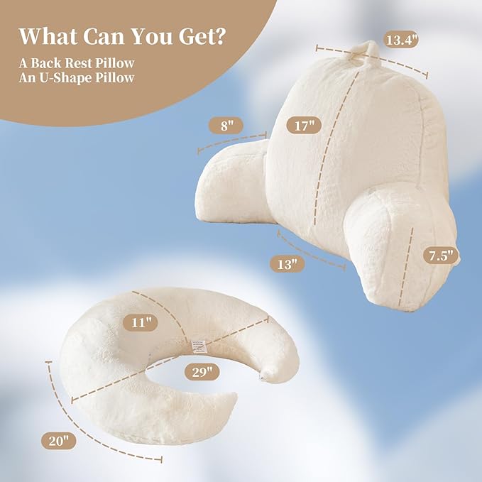 Reading Pillow for Bed,U Shaped & Back Support Pillow for Bed,19" Backrest with Lumbar & Arm Support,Luxurious Faux Rabbit Fur,Gaming PillowFor Crochet/Reading/Watching TV,White