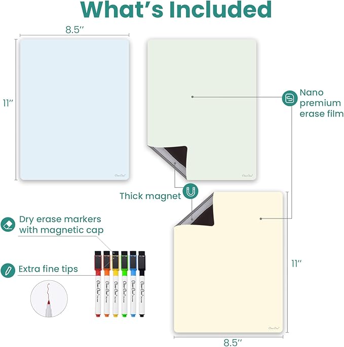 Magnetic Dry Erase Board - 8.5”x11” Dry Erase Whiteboard in 3 Colors - Reusable Blank Whiteboard for Fridge – 6 Dry Erase Markers Included