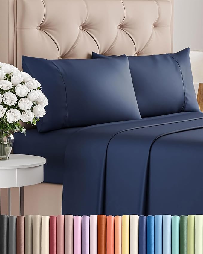 Twin XL 4 Piece Sheet Set - Cooling & Breathable Bed Sheets - Hotel Luxury Bed Sheets for Women, Men, Kids & Teens - Bedding w/Deep Pockets & Easy Fit - Soft & Wrinkle Free - Twin XL Navy Blue Sheets