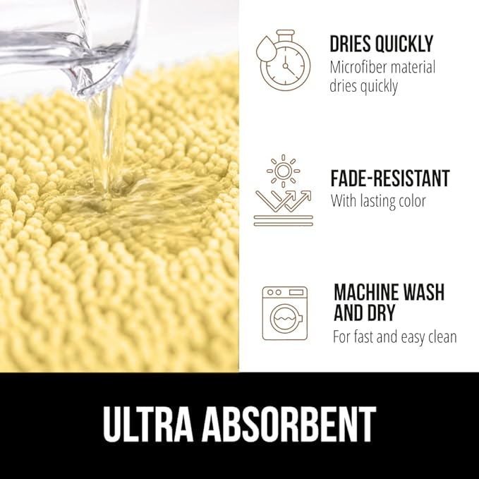 GORILLA GRIP Bath Rug Mat 44x26, Thick Soft Absorbent Chenille, Quick Dry Microfiber Mats, Rubber Backing Washable Shower Floor Rugs, Bathmat Runner, US Designed Bathroom Home Decor Accessories Yellow