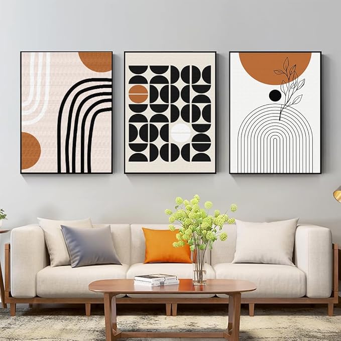 QKF Minimalist Canvas Wall Art Boho Black Brown Beige Line Geometric Abstract Modern Home Decorative Painting Bedroom Living Room Pictures Office Poster 3 Piece Set 16“X 24”